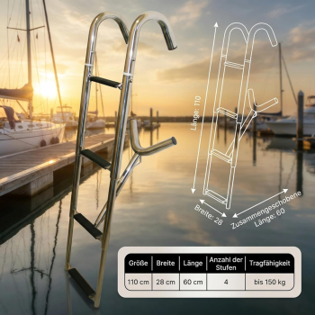 Einstiegsleiter Badeleiter Bugleiter Telescopleiter Pulpit zum Einhängen 4 Stufen V4A ARBO-INOX®