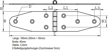 Scharnier Edelstahl 180x40mm längliche Form ARBO-INOX