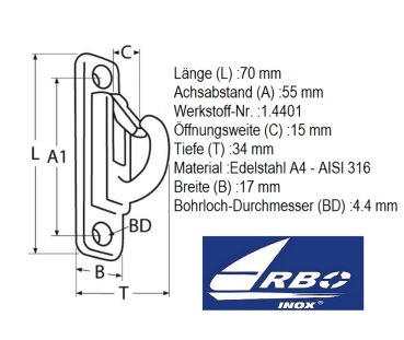 Fenderhaken mit Schnappsicherung Edelstahl A4 70mm ARBO-INOX®