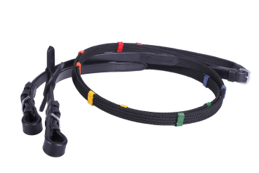 Zügel aus Baumwolle, farbige Lederstege, Edelstahlschnallen und Martingalstopper, schwarz