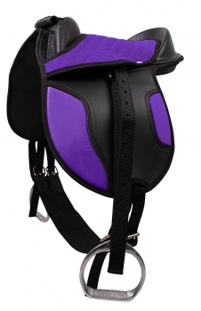 Kindersattel für Shettlandpony, extra leicht, Sattelkissen verstellbar, Handgriff zum Transportieren, inkl Sattel Steigbügel Steigbügelriemen und Sattelgurt, Farben: blau, rosa, schwarz und lila