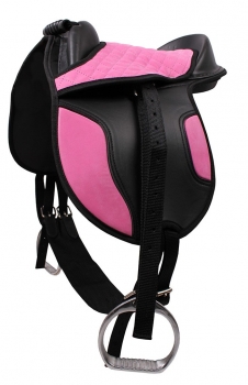 Kindersattel für Shettlandpony, extra leicht, Sattelkissen verstellbar, Handgriff zum Transportieren, inkl Sattel Steigbügel Steigbügelriemen und Sattelgurt, Farben: blau, rosa, schwarz und lila