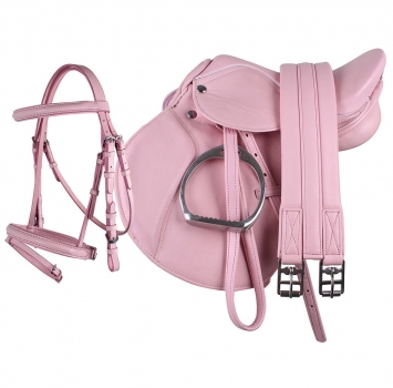 Kindersattel für Pony, Kunstleder, sehr leicht, Kombination aus Trense und Reithalfter, inkl Sattel Steigbügel Steigbügelriemen Sattelgurt Trense, Farben: blau/schwarz, rosa oder schwarz