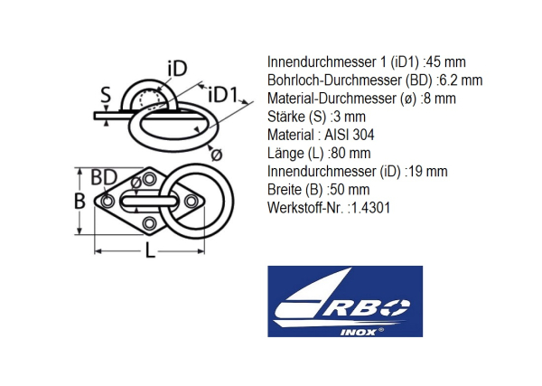 Augplatte mit Ring Edelstahl A2 80 x 50 mm ARBO-INOX