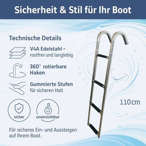 Einstiegsleiter Badeleiter Bugleiter Telescopleiter Pulpit zum Einhängen 4 Stufen V4A ARBO-INOX®