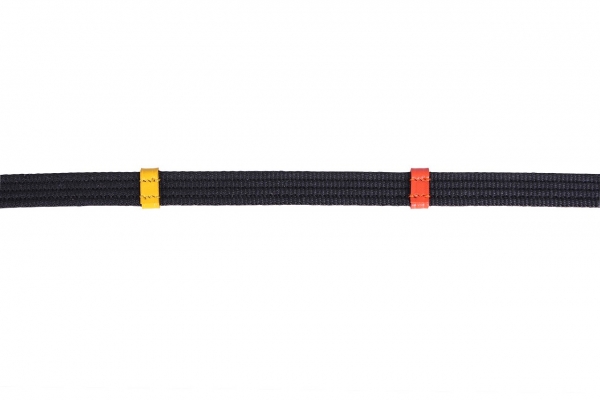 Zügel aus Baumwolle, farbige Lederstege, Edelstahlschnallen und Martingalstopper, schwarz