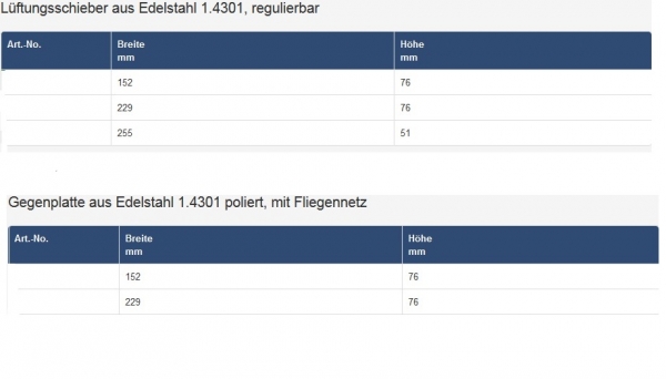 ARBO-INOX®  Edelstahl Lüftungsschieber Schiebegitter Lüftungsblech regulierbar  Gegenplatte mit Fliegennetz